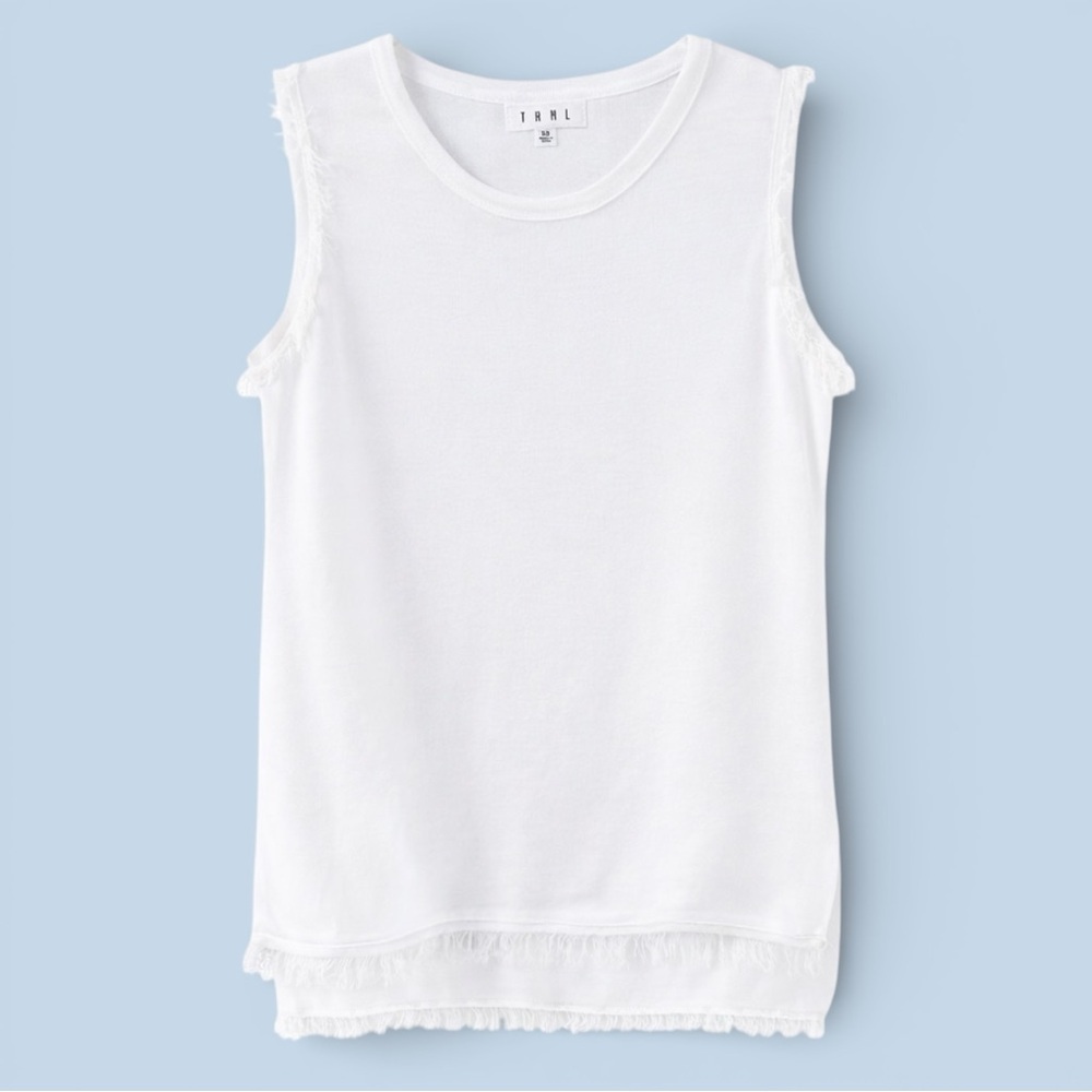 THML Ivory Fringe Trim Sleeveless Knit Tank Top High-Low Hem XS